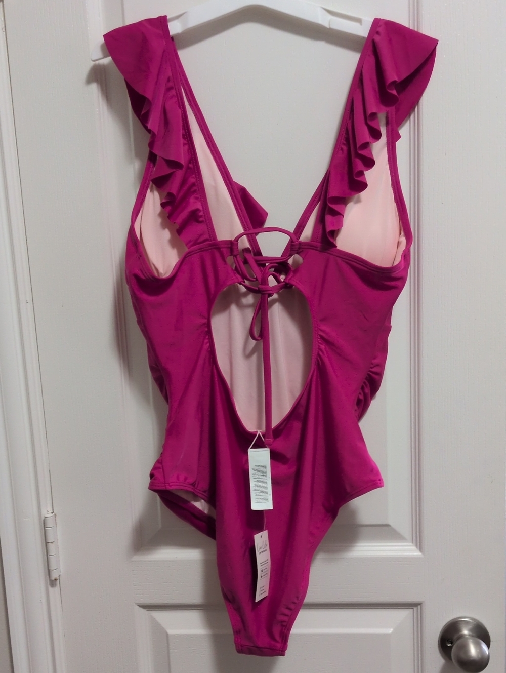 Low Cut V-neck Ruffled Hot Pink Swimsuit - Picture 6 of 6